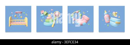 3d baby toys. Pacifier milk bottle, kid pacifier, child cute product or infant cute objects. Newborn cradle, happy birth joy game. Nursery equipment. Vector composition with cartoon render elements Stock Vector