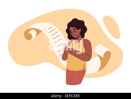 Woman hold smartphone. Mobile phone chatting or texting. Social media addiction. Female character using online application. Girl watching on device screen. Vector cartoon flat isolated illustration Stock Vector