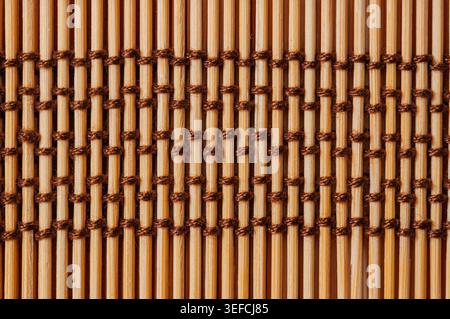 A detailed overhead view of a woven bamboo mat, showcasing the natural grain and texture of the wood with interlacing brown threads Stock Photo
