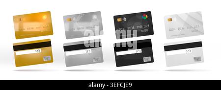 Bank card. Credit, debit chip template for atm black and white payment, cash pay. Front and back view of plastic cards. Vector mockup wallet for banking transaction, realistic isolated elements set Stock Vector