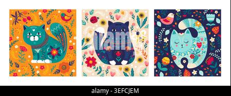 Cat pattern. Cute animal art, poster or embroidery flower card, childish floral cover. Vintage ethnic cozy decor. Doodle drawing composition design. Square print folk style poster. Vector background Stock Vector
