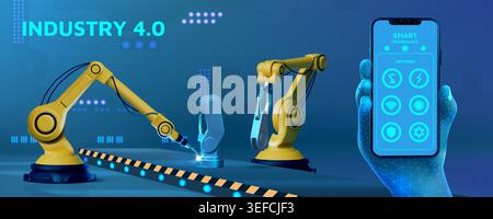 Robot factory. Smart arm in internet industry production, digital manufacturing app. Technology machine things controlled by smartphone. Robotic arms conveyor. Automation machinery vector illustration Stock Vector