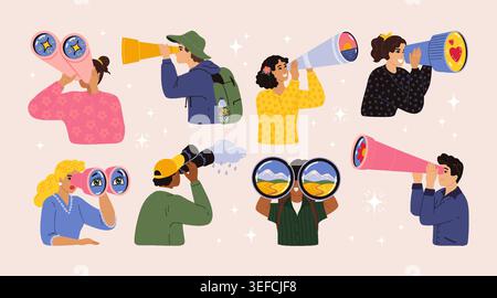 Search characters. Look in telescope, hire and find, eye discovery vision. Observe future job, man explore using binoculars, forecasting and planning future. Vector cartoon flat style isolated concept Stock Vector