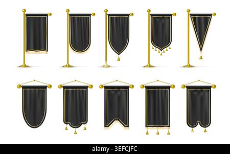 Medieval flag. Black textile, gold vertical hanging banner or realistic fabric streamer, heraldic flagpole. Sports form stand. Advertising premium pennant. Vector isolated realistic design elements Stock Vector
