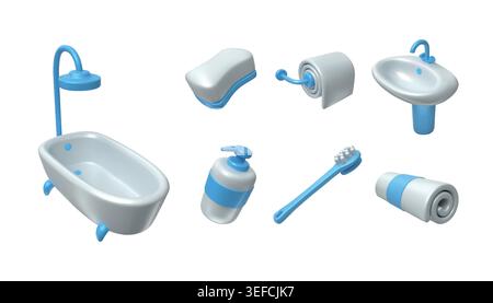 3d bath render set. Hygiene products, toilet paper and care spray as bathroom accessories for washing, cosmetic and detergent sanitary products. Toothbrush and soap. Vector cute cartoon glossy objects Stock Vector