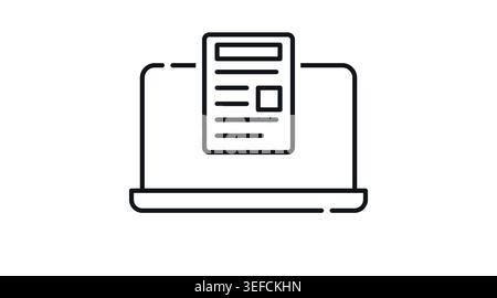 Laptop document and text file icon: portable computer with paper sheet on screen, minimalist black line art vector illustration for remote work. Stock Vector