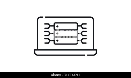 Laptop server management and web hosting icon: portable notebook computer with server rack symbol on screen, minimalist black line art vector. Stock Vector