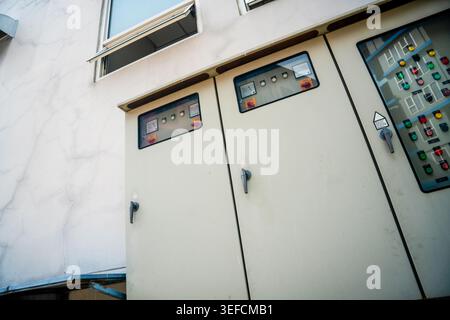 Close-up view of an electrical control panel and distribution box with switches and wiring, used for managing and distributing electrical power in ind Stock Photo