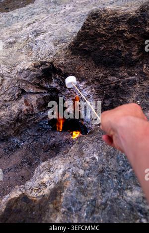 A close-up vertical shot of a person roasting a marshmallow on a wooden skewer over the natural eternal flames of Mount Chimaera (Yanartas) in Cirali, Stock Photo