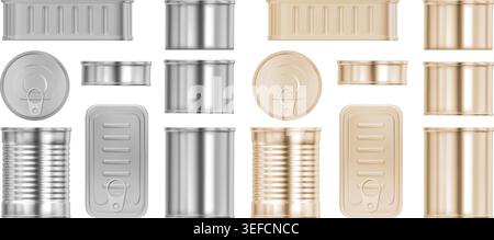 Tin can. Metal food jar mockup, aluminum package mock up or cylinder product lid and ring pulls. Realistic cylindrical canister different forms and angle view. Preserved storage. Vector templates set Stock Vector