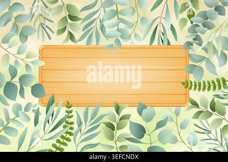 Wooden blank signboard. Botanical frame with green leaves, empty wood panel, natural watercolor decoration, seasonal greeting design and eco background with copy space. Vector isolated illustration Stock Vector
