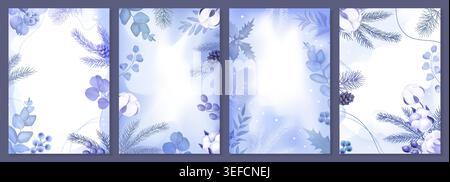Winter background. Abstract blue snow holiday pattern, flyer with flower frame or social media template. Creative elegant seasonal poster with copy space. Botanical border vector isolated illustration Stock Vector