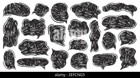 Speech bubbles. Chalk doodle crayon texture, grunge hand drawn comic sketch or pastel chat talk shape. Dialog windows for discussion and conversation. Vector isolated black silhouettes illustration Stock Vector