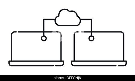 Cloud synchronization and laptop networking icon: two portable computers connected by cloud storage, minimalist black line art vector. Stock Vector