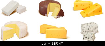Cheddar cheese set. White or yellow triangle piece of gouda slice. Fresh swiss orange feta with chunk block parts, eco healthy milk products. Vector realistic isolated dairy nutrition illustration Stock Vector