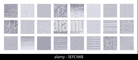 Texture sketch. Dot pen pattern, brush ink geometric background or linear stripe effect. Abstract rough paint shapes, square doodle samples. Decorative creative ornament. Vector isolated scribble set Stock Vector