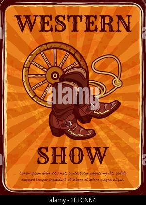 Western show poster. Vintage style design cowboy leather boots, wagon wheel and lasso on sunburst background, wild west entertainment event advertising invitation banner. Vector isolated illustration Stock Vector