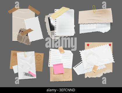 Old paper. Empty sheets and newspaper pieces composition. Vintage clip, sticky white torn for scrapbook or document writing. List grig, stationery for education. Vector collage elements collection Stock Vector