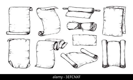 Scroll sketch set. Vintage old parchment, old letter or paper document etching. Retro history manuscript. Papyrus white empty swirl sheets. Antique roll manuscript. Vector isolated hand drawn elements Stock Vector