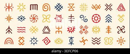 African logo set. Mayan tribal symbol, ethnic aztec ancient drawing. Traditional tribe ornament style, abstract doodle. Colorful geometric icons. Vector isolated hand drawn minimal runes elements Stock Vector