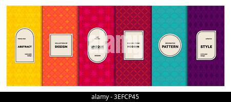 Pattern background. Modern texture frame, vintage spring label or retro gift sticker with abstract color border. Abstract geometric background with label frame. Colorful ornamental motif vector design Stock Vector