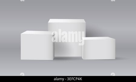 3D cubes stand. White empty platform composition. Geometric shapes for product presentation. Minimal pedestal basic figures with shadow. Blank simple blocks. Boxes for exhibition. Vector illustration Stock Vector