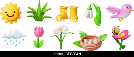 3d spring icons. Daisy flower, cute bird and sun plant render, season grass. Easter garden leaf, garden nature cloud sky. Nest with eggs. Rainy weather. Vector cartoon isolated colorful illustration Stock Vector