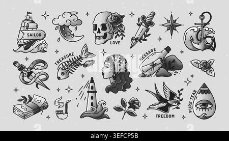 Traditional tattoo. Cartoon heart pattern, doodle rock sticker or black vintage flame collection. Trendy rose sketch, maritime symbols ship, anchor and lighthouse. Vector isolated old school elements Stock Vector