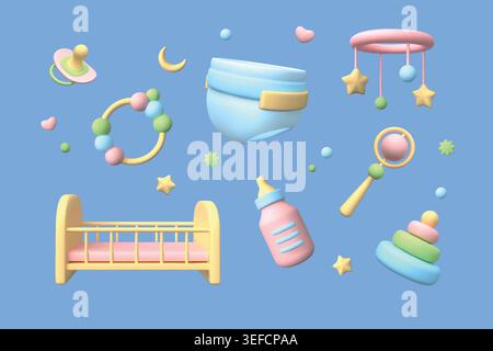 3d baby elements nursery. Cute kid toy, diaper and pacifier, childish birthday. Food, game and gift sale, milk bottle, pyramid. Newborn care render elements. Vector isolated graphics childhood set Stock Vector