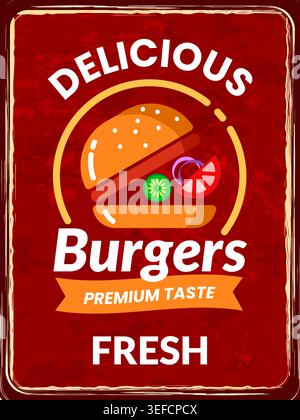 Burger poster design. Vintage style fast food advertising. Hamburger restaurant menu promotion and streetfood branding. Minimal style vintage banner. Vector cartoon flat style isolated illustration Stock Vector