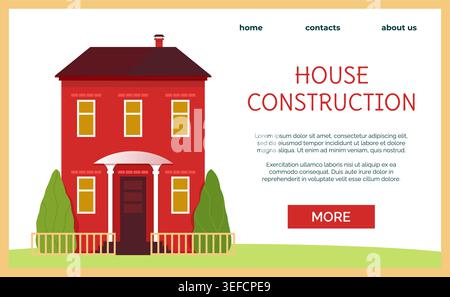 House construction webpage mockup. Landing page with cute home, real estate and building service website interface design. Banner with copy space for text. Vector cartoon flat isolated illustration Stock Vector