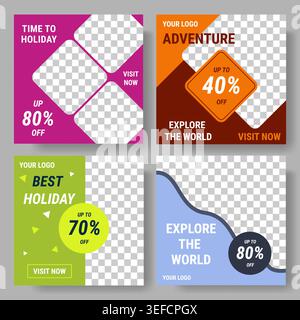 Sale banner set. Square social media post templates with discount badges, photo space, marketing design transparent layout. Advertising holiday marketing graphic travel design. Vector collection Stock Vector