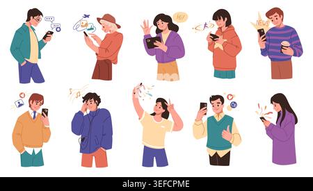 People use mobile phone. Happy student person in social media, girl friend with cellphone. Woman sending digital online messages, man with smartphone. Vector cartoon flat style isolated illustration Stock Vector