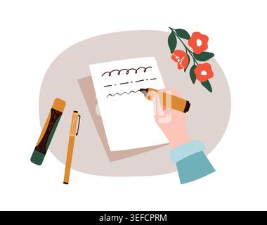 Handwriting on paper sheet. Hand using pen and flowers, making notes or letter write, correspondence and creative writing stationery. Creative hobby. Vector cartoon flat style isolated illustration Stock Vector
