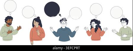 Diverse People with Empty Speech Bubbles. Men and Women Talking and Thinking with Blank Text Clouds Set. Isolated Flat Minimalist Vector Illustration Stock Vector