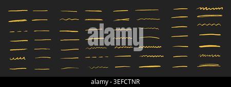 Yellow hand drawn lines, pencil, crayon and brush strokes on black background. Creative sketch elements, artistic texture set for design, highlight marks, doodles, notes and decoration. Vector art Stock Vector