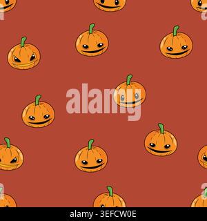 Adorable jack-o-lantern pumpkin characters with smiling faces on a warm rust-red background. Perfect seamless repeat pattern for Halloween designs, fa Stock Vector