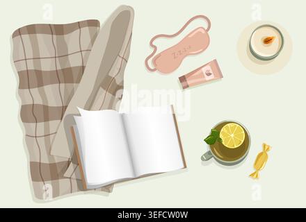 Minimalist Wellness Flat Lay Vector Open Book with Pink Sleep Mask Cream Tube Burning Candle Tea Cup and Checkered Blanket for Bedtime Routine Design Stock Vector