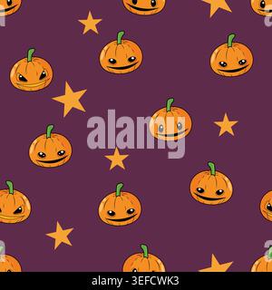 Adorable jack-o-lantern pumpkin characters with smiling faces and golden stars on a deep purple background. Perfect seamless repeat pattern for Hallow Stock Vector