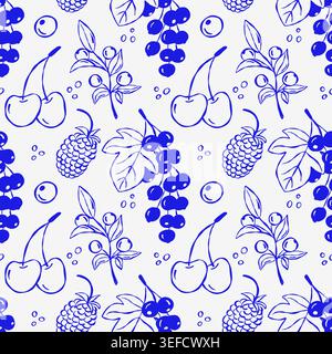 Hand-drawn berries pattern in blue ink with cherries, raspberries, mulberry, currant Stock Vector