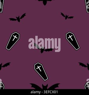 Spooky black coffins with white cross symbols and flying bats on a deep purple background. Bold seamless repeat pattern perfect for Halloween fabric, Stock Vector