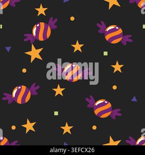 Colorful striped candy sweets with golden stars, dots and geometric shapes on a dark black background. Fun seamless repeat pattern perfect for Hallowe Stock Vector