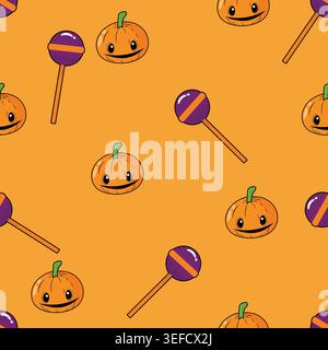 Cute smiling jack-o-lantern pumpkins paired with purple striped lollipops on a bright orange background. Fun seamless repeat pattern ideal for Hallowe Stock Vector
