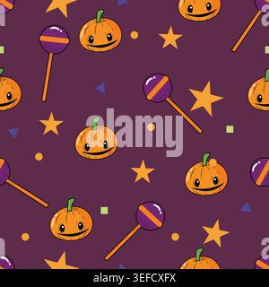 Cute smiling pumpkins and purple striped lollipops with golden stars, dots and geometric shapes on deep purple background. Seamless repeat pattern per Stock Vector