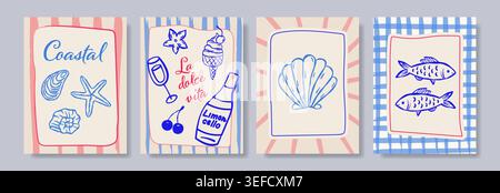 Hand drawn coastal cards featuring shells, fish Stock Vector