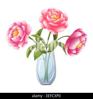 Vector illustration of bouquet of pink peonies in glass vase Stock Vector