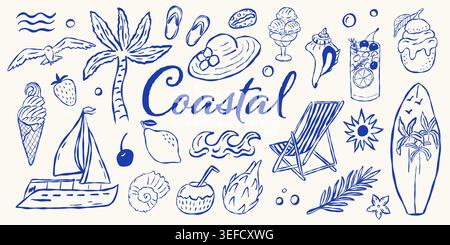 Hand drawn coastal icons like beach chairs, shells, and sailboats Stock Vector
