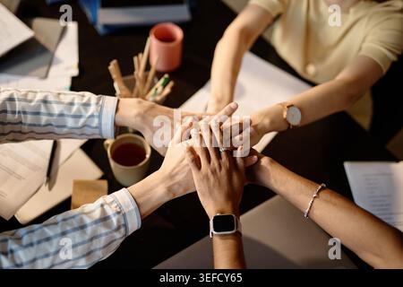 Diverse Adult Team Joining Hands for Workplace Unity and Support Stock Photo