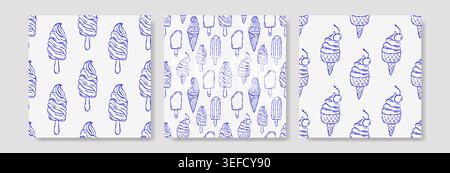 Blue ice cream motifs in different arrangements on clean white backgrounds Stock Vector