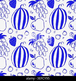 Tropical fruit doodles in blue outline on white background Stock Vector